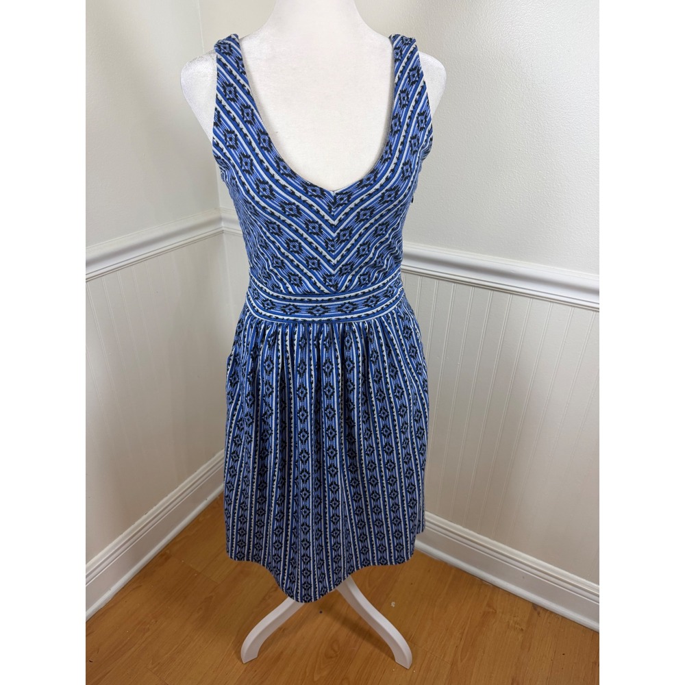 Maeve Anthropologie Fit and Flare Dress Womens 4 Blue Geometric Ikat Sleeveless